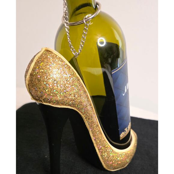 Wild Eye Designs High Heel Wine Bottle Holder/Caddy Gold Sequins w/Black Heel - Picture 3 of 5